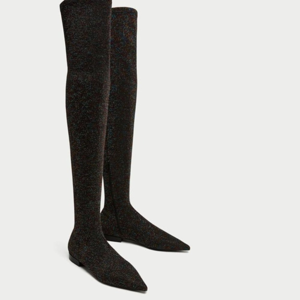 Zara Flat Over The Knee Boots Black Multi Glitter
